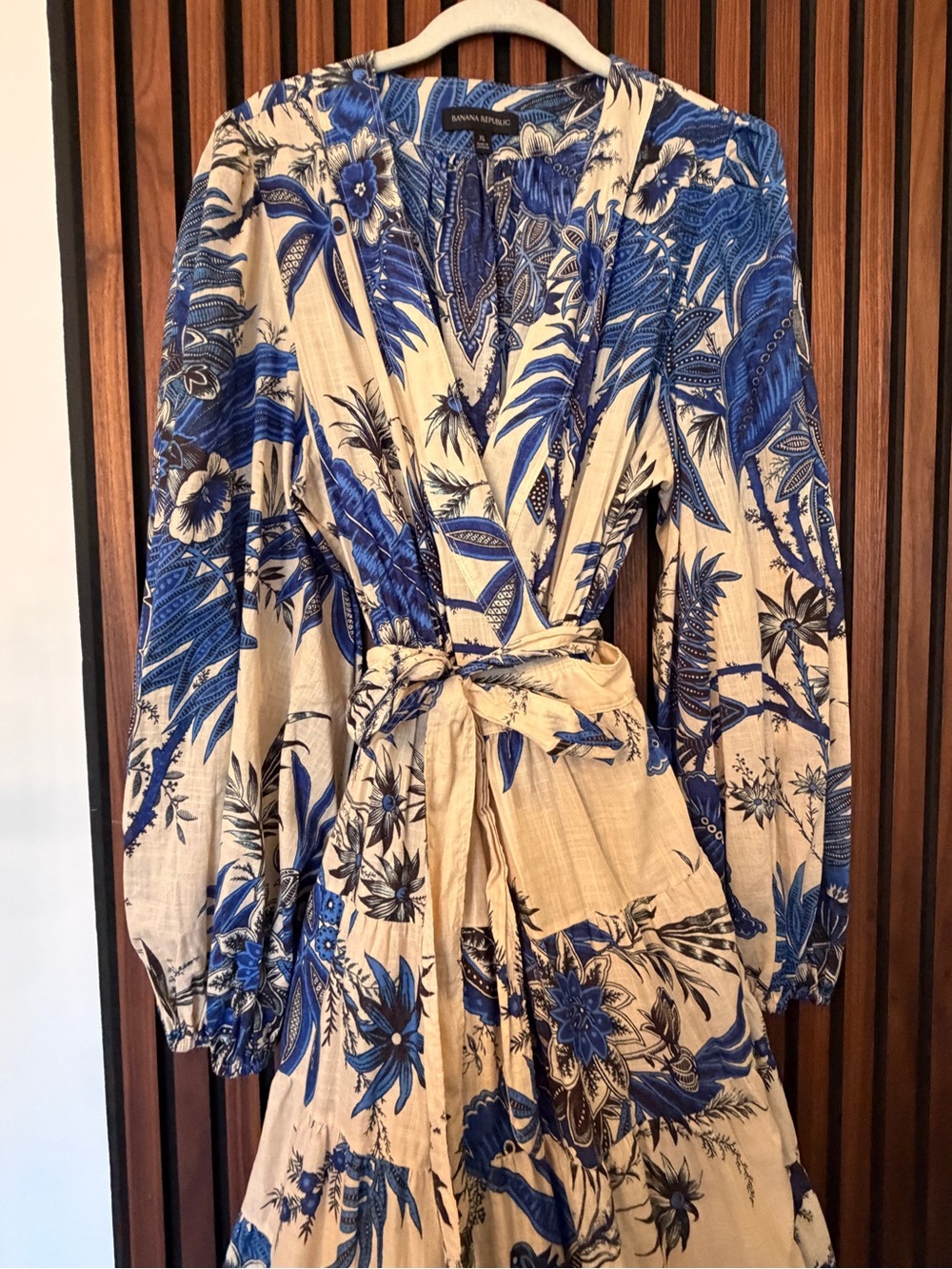 Banana Republic Cream and Blue Floral Wrap Maxi Dress with Tie Waist - Picture 3 of 4
